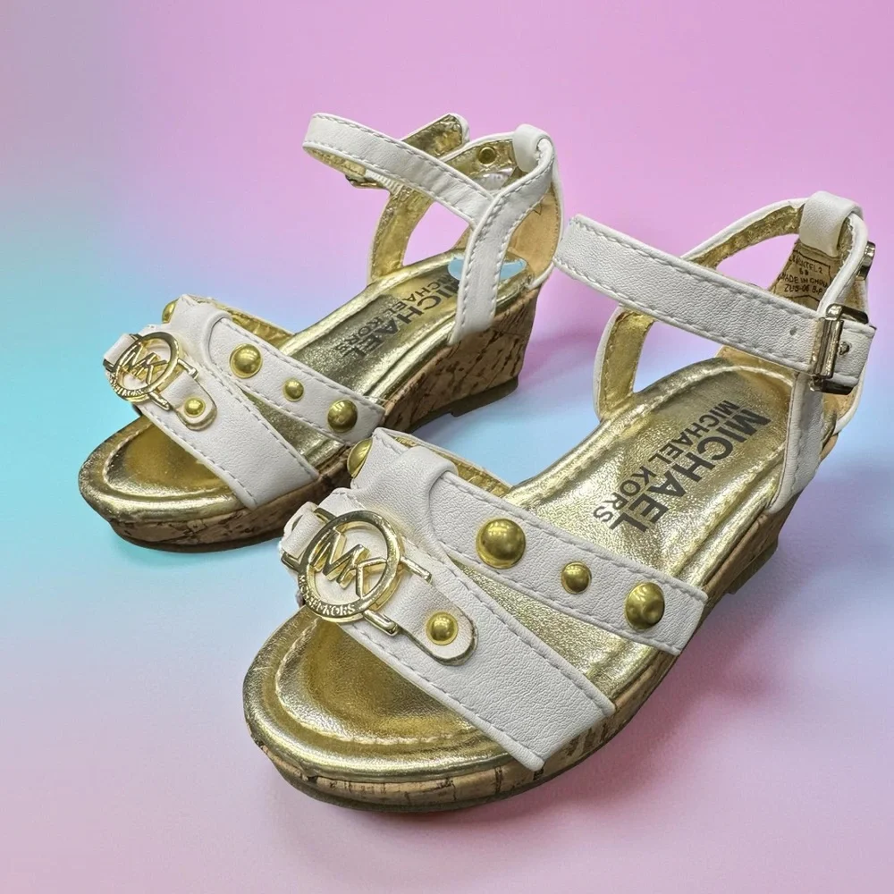 Michael Kors Kids White Gold MK Sandals Size 6 Summer Dress Shoes BN